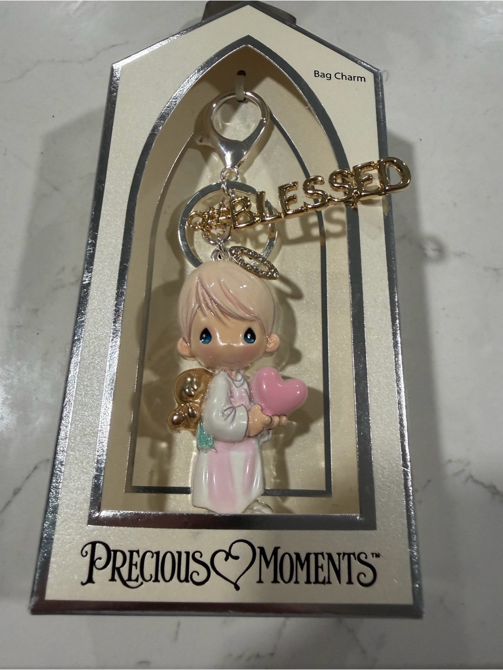 Precious Moments Pink Angel Bag Charm with Gold 'BLESSED' Tag